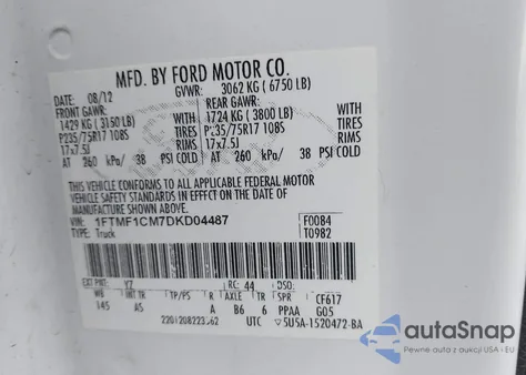 2013 Ford F-150 Xl из США, поврежденный, VIN 1FTMF1CM7DKD04487